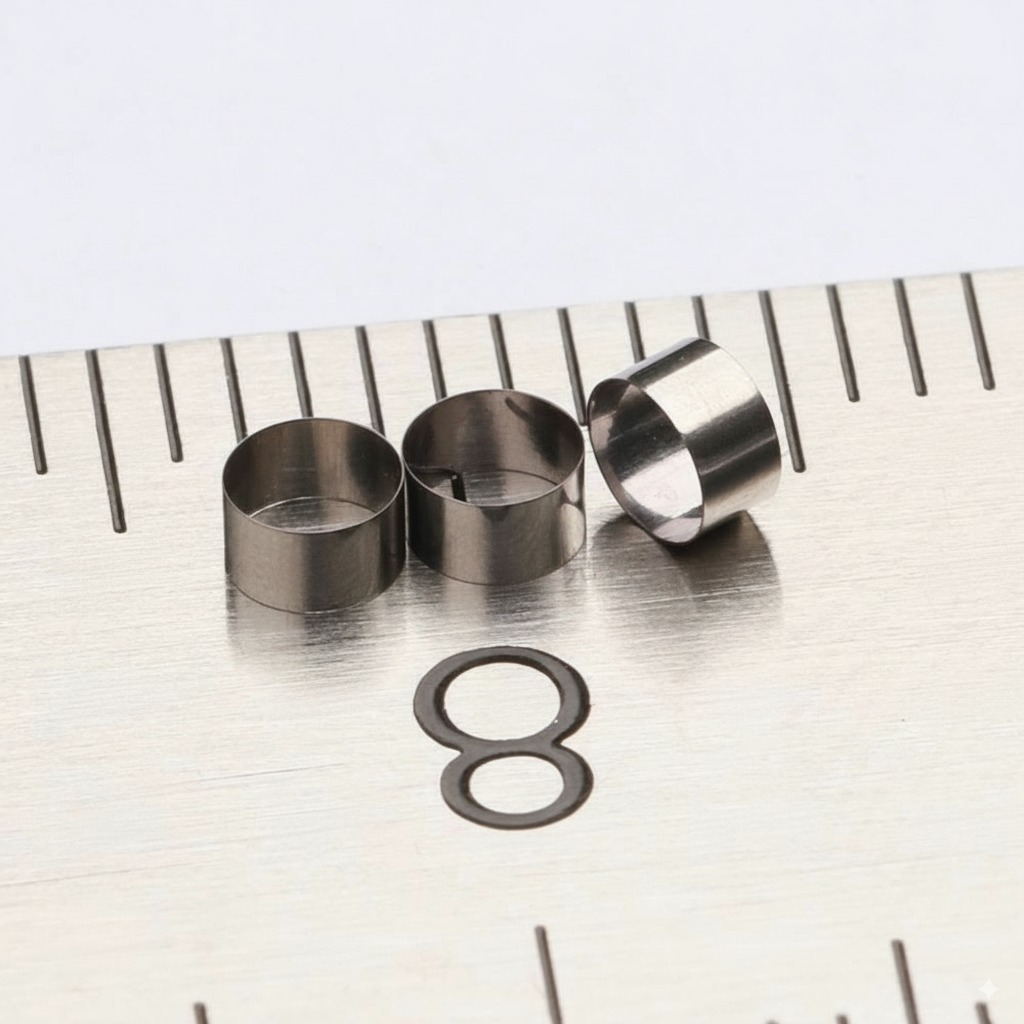 A close-up of shiny platinum-iridium marker bands, highlighting their small size, smooth surface, and high precision for use in life-saving medical procedures.