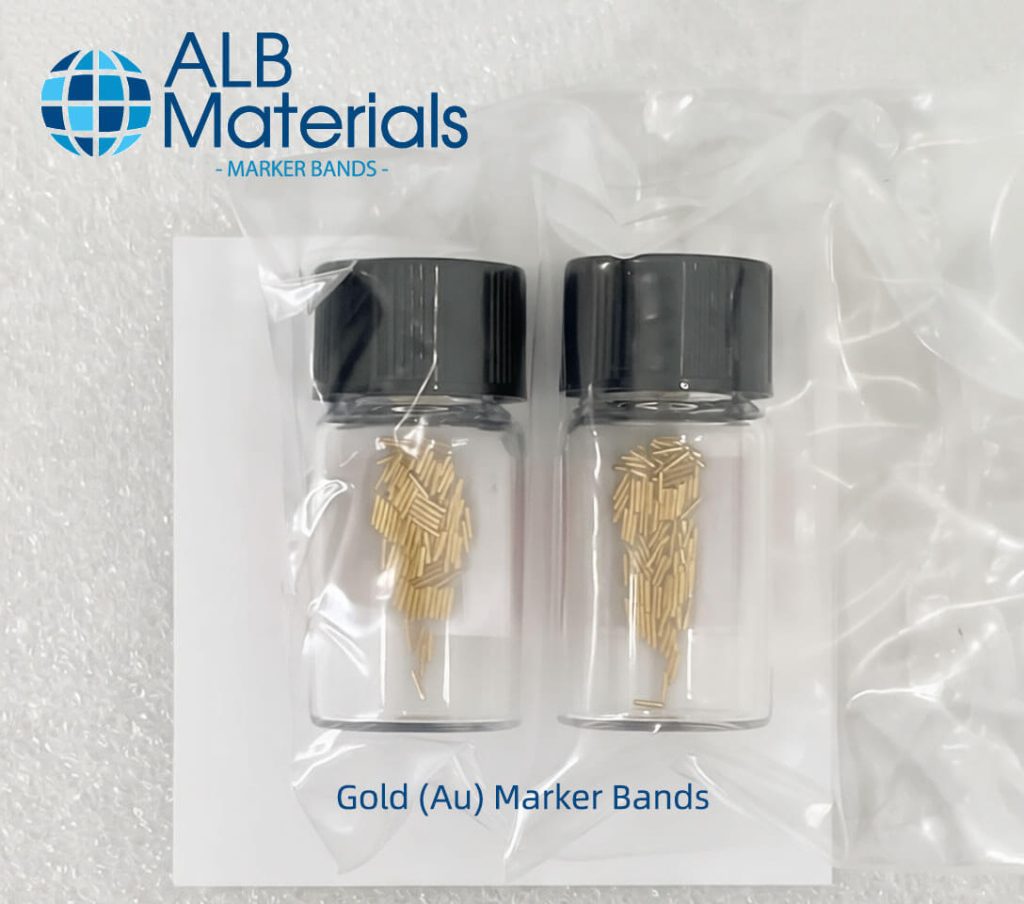 Close-up image of gold (Au) marker bands—radiopaque, biocompatible components used in medical devices to provide clear visibility under X-ray or fluoroscopic imaging, valued for their excellent corrosion resistance and malleability.